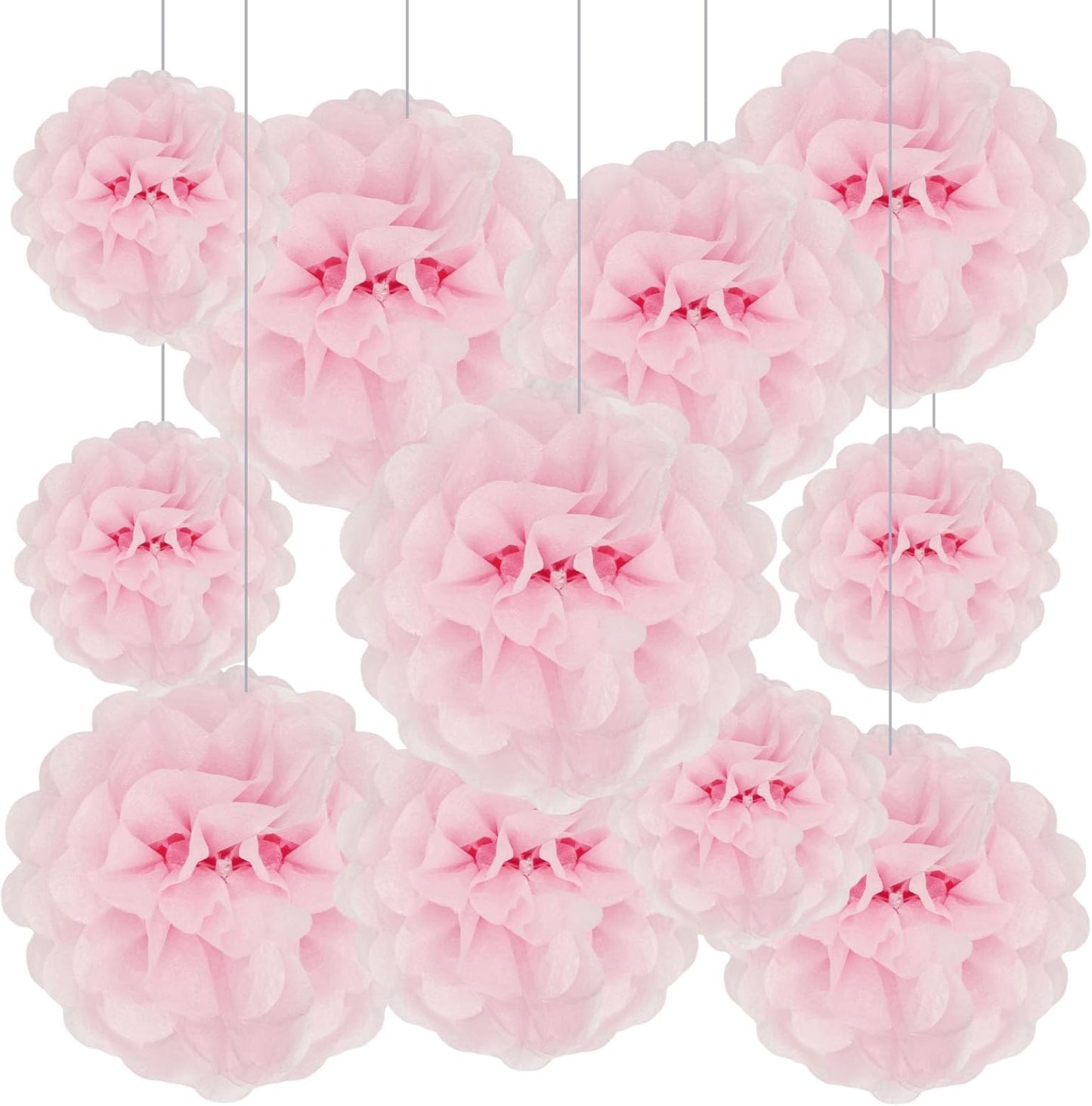 Tissue Paper Pom Poms, Pink Tissue Paper Flowers, Hanging Flower Balls for Weddings Fiesta Parties Birthday Baby Showers Classroom Bridal Shower Decoration (18Piece Set-6/10/12/14Inch)