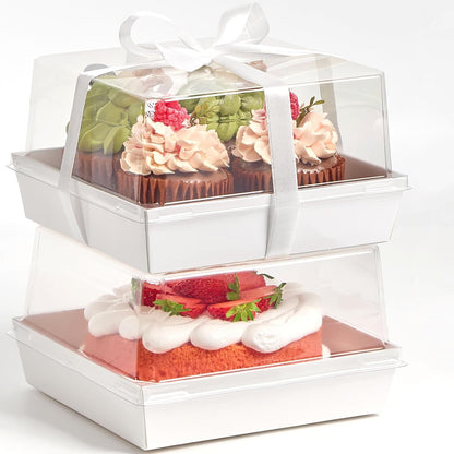Ocmoiy 7x7x4 Inches White Paper Cake Boxes with Clear Lids for 6 Inch Cakes, 20 Pack Square Disposable Cake Bakery Take Out Containers, To Go Dessert Boxes