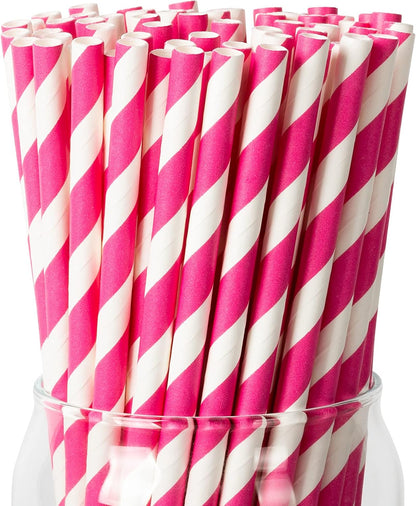 PakTalk 100 Pack Red Straws, Disposable Red and White Biodegradable Paper Striped Straws for Cocktail, Milkshake, Coffee, Lemonade (0.24" x 7.75")