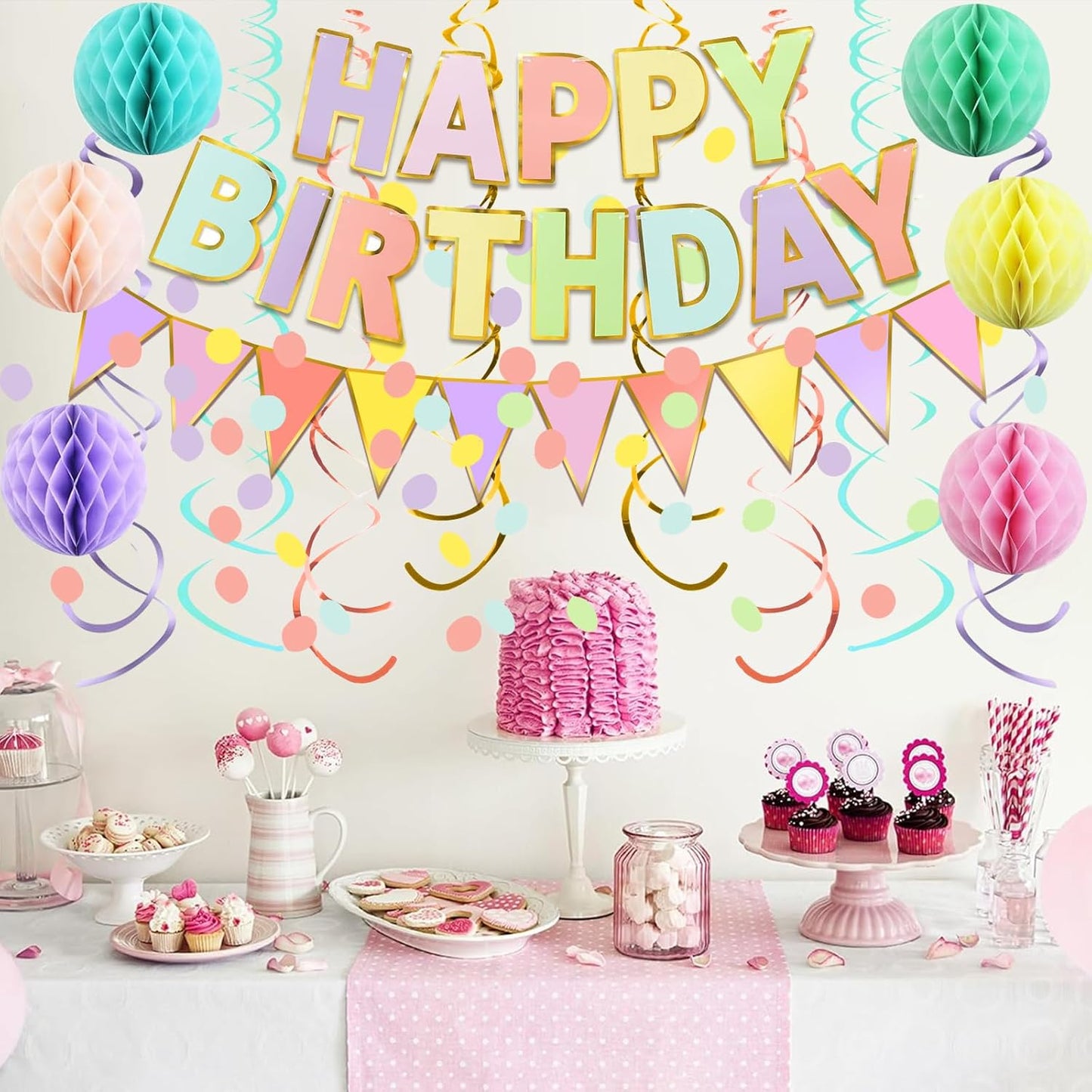 Fecedy Happy Birthday Banner With Colorful Paper Flag Bunting Paper Circle Confetti Garland Swirl Streamers Honeycomb ball for Birthday Party Decorations