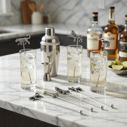 Homestia 7.5" Stainless Steel Cocktail Stirrers with Cute Animal Design, Set of 6 Reusable Swizzle Sticks for Coffee, Martini, Drinks - Dishwasher Safe Metal Bar Tools Stir Sticks