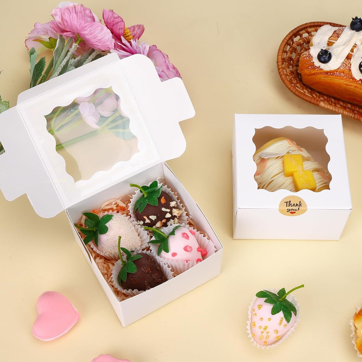 Moretoes 120pcs White Bakery Boxes, 4x4x2.5 Inch Cookie Boxes with Window for Small Cake, Treats, Donuts, Candy