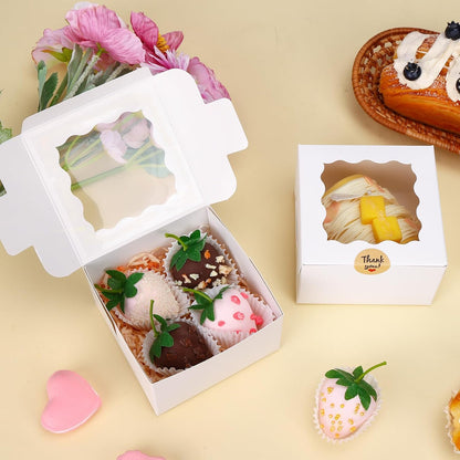 Moretoes 120pcs White Bakery Boxes, 4x4x2.5 Inch Cookie Boxes with Window for Small Cake, Treats, Donuts, Candy
