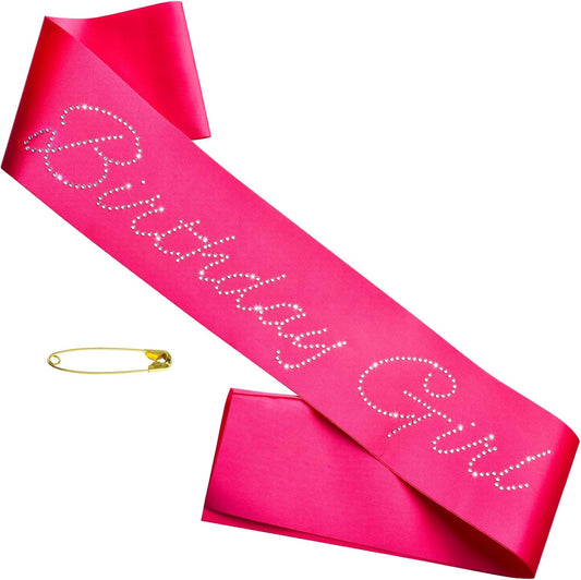 Hot Pink Birthday Girl Sash with Glitter Rhinestones, Funny Happy Birthday Sash for Girls or Women Official Teenager Sweet 16, 18th 21st 30th 40th 50th or Any Other Bday Party Decorations, Gifts