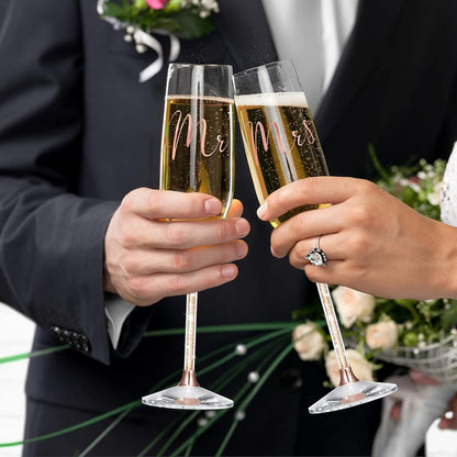 Boao 4 Piece Wedding Cake Knife and Champagne Flutes Server Set Mr and Mrs Toasting Flutes Crystal Rhinestone Cake Cutting Set for Bride and Groom Wedding Engagement Bridal Shower Gifts(Silver)