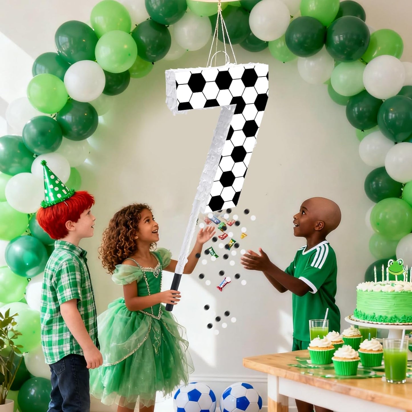 16Inch Soccer Ball Number 9 Piñata Includes Wooden Stick, Blindfold, and Confetti for for Kids 7th Anniversary Sport Themed Party Birthday Supplies