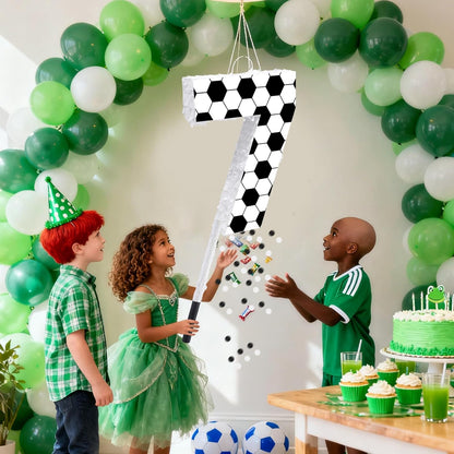 16Inch Soccer Ball Number 9 Piñata Includes Wooden Stick, Blindfold, and Confetti for for Kids 7th Anniversary Sport Themed Party Birthday Supplies