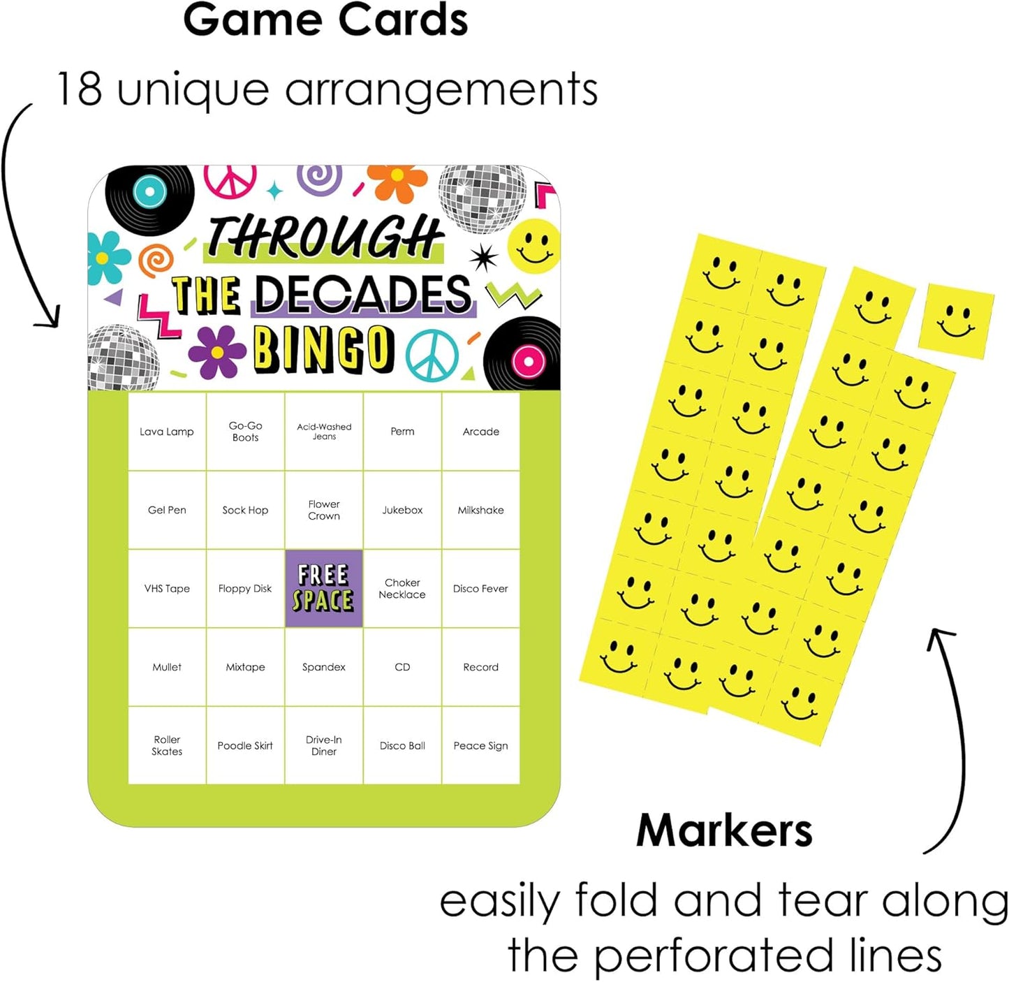 Big Dot of Happiness Through the Decades - Bingo Cards and Markers - 50s, 60s, 70s, 80s, and 90s Party Bingo Game - Set of 18