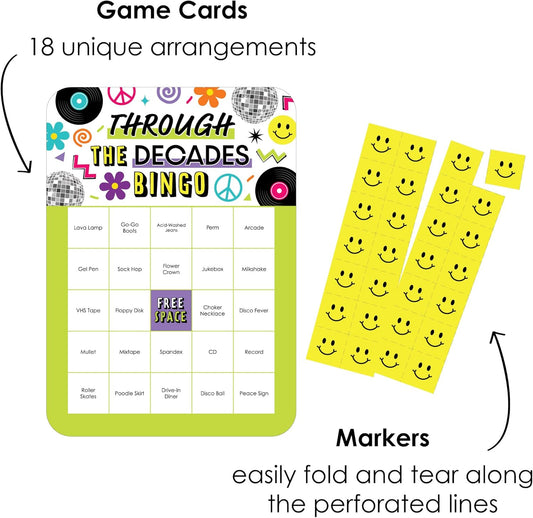 Big Dot of Happiness Through the Decades - Bingo Cards and Markers - 50s, 60s, 70s, 80s, and 90s Party Bingo Game - Set of 18