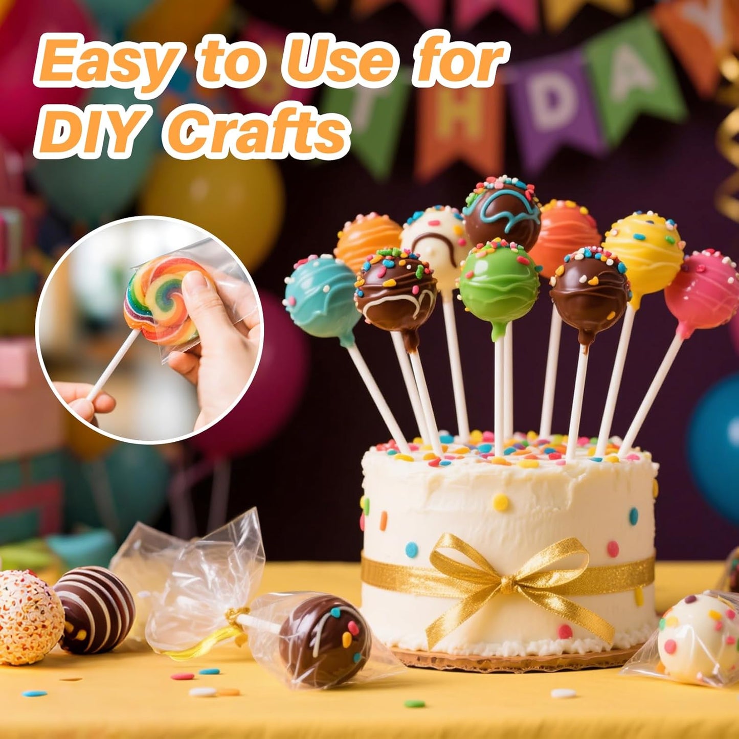RAINFLOW 600 Pcs Cake Pop Sticks and Wrappers Kit - Lollipop Sticks and Wrappers Including 200ct Cake Pop Stick, 200ct Treat Bags, 200 Pcs Twist Ties for Cakepop, Lollipop, Candy, Chocolate
