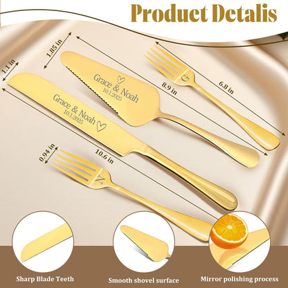 Personalized 4 Piece Cake Cutting Set for Wedding - Custom Cake Knife and Server Set with Forks, Cake Cutter Set Ideal for Wedding Anniversary Bridal Gifts (Silver)