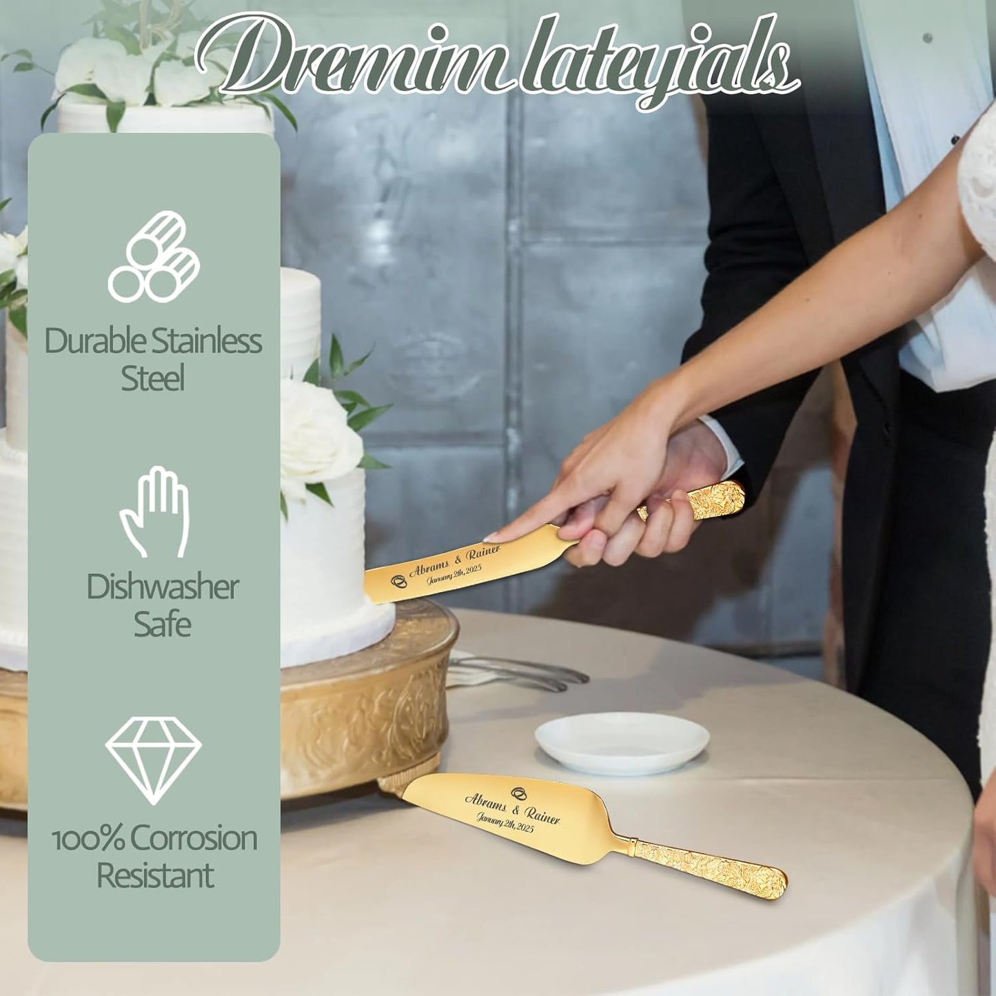 HJX Personalized Wedding Cake Knife and Server Set with Champagne Flutes, Custom Name Text Toasting Glasses for Bride and Groom, Cake Cutting Set Ideal Wedding Engagement Bridal Shower Gift