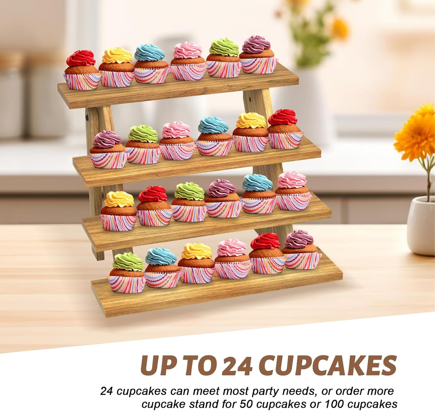Wooden Cupcake Stand - 4 Tier Cupcake Display Stand, Rustic Tiered Display Stand, Tool Free Installation Cupcake Stand for Baby Shower Decorations Birthday Party Supplies