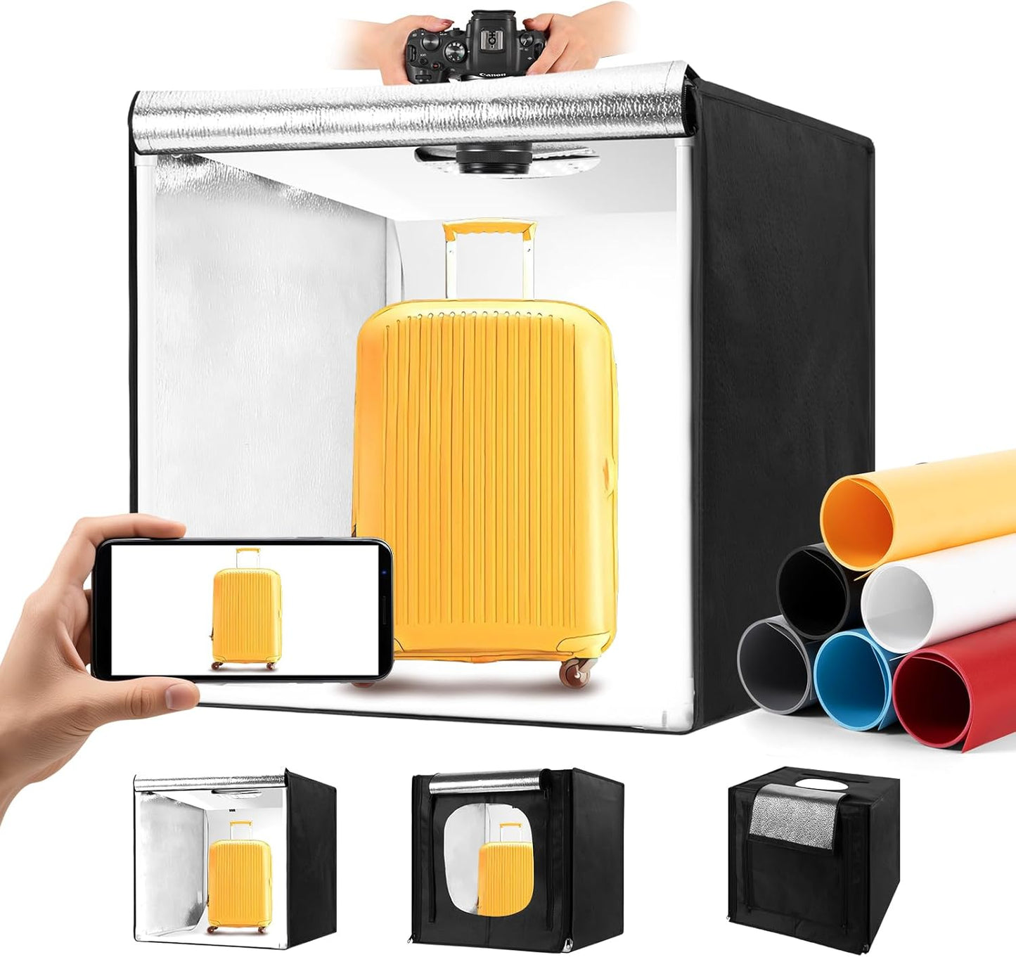 Photo Light Box, 12/16/20/24/32 Inch Photography Light Box with CRI>95 120 Light Beads. Dimmable Shooting Tent Kit with White and Warm Light. 6 Color Backdrops Photo Booth for Studio Products Display