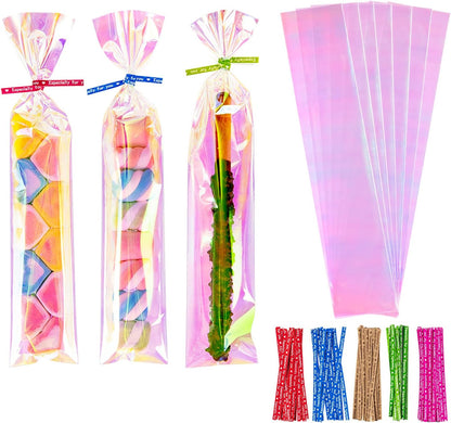 5x7 Inch Iridescent Cellophane Treat Bags with Twist Ties, Treat Bags for Candy Cookie Goodie Chocolates, And Popcorn