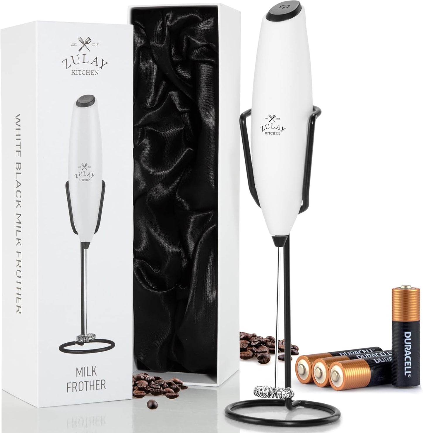 Zulay Kitchen Powerful Milk Frother Wand With Duracell Batteries - Ultra Fast Handheld Drink Mixer - Electric Whisk Foam Maker for Coffee, Lattes, Cappuccino & Matcha - Z1 Motor - Black - Colors B