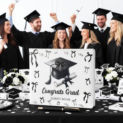 Patelai Pink Bow Graduation Guest Book Class of 2026 Party Decorations Leather Graduation Guest Signature Party Sign Gift with Pen, 112 Pages (Congrats Grad)