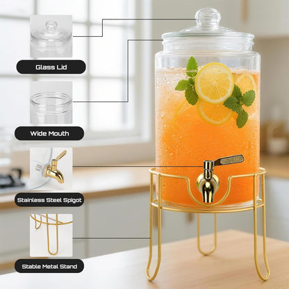 DHSBTLS 1.5 Gallon Glass Drink Dispensers, Round Beverage Dispenser for Party, BBQ and Picnic, Clear Airtight Juice Dispenser with Golden Stand, Stainless Steel Spigot, Markers and Chalkboard