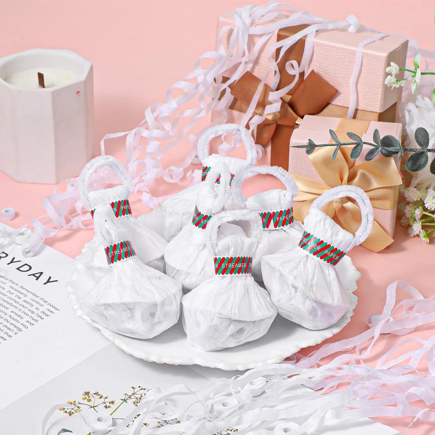 64 Pcs Streamers Poppers, Hand Throw Confetti Poppers, Romantic No Mess Streamers Crackers for Christmas Wedding Birthday Party Celebrations Graduation Party Favors (White)