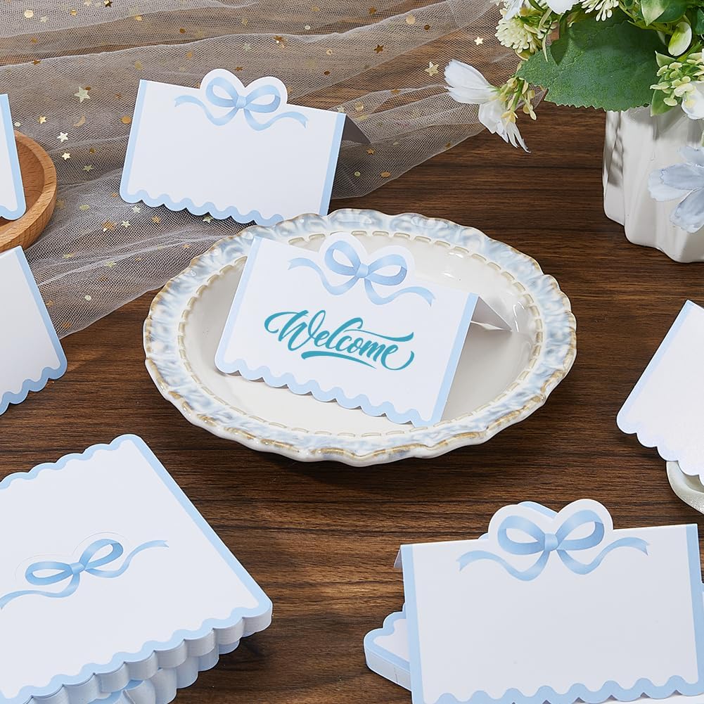 SUPERFINDINGS 200Pcs Blank Place Cards Blue Bow Place Cards 4.02x3.54 Inch/10.2x9cm Wedding Seating Card Buffet Food Labels Tent Fold Table Name Card for Wedding Party Table Setting
