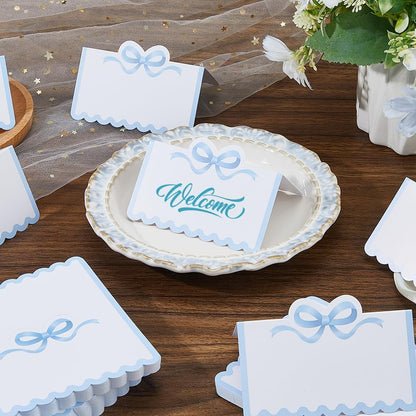 SUPERFINDINGS 200Pcs Blank Place Cards Blue Bow Place Cards 4.02x3.54 Inch/10.2x9cm Wedding Seating Card Buffet Food Labels Tent Fold Table Name Card for Wedding Party Table Setting