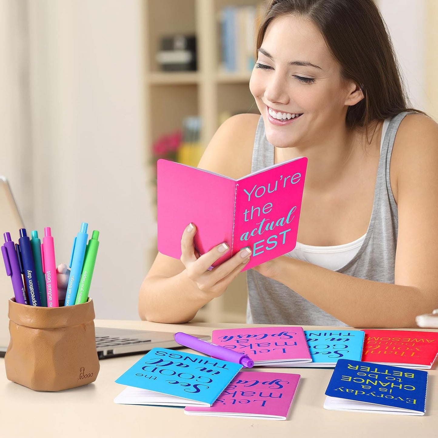 Funrous 32 Pcs Motivational Quote Pens Inspirational Notepads Mini Journal with Ballpoint Pen Small Notebooks Gift for Men Women Coworker Adult Party Favors Prize Teacher Student Office(Stylish)