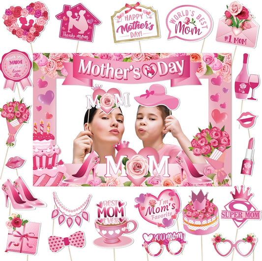 Mothers Day Decorations 23pcs Mothers Day Photo Booth Props and Pink Photo Frame Happy Mothers Day Selfie Props with Sticks for Mother Day Party Supplies
