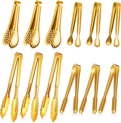 Sawysine 12 Pieces Tongs for Serving Utensils Mini Serving Tong Stainless Steel Appetizer Kitchen Toy Sugar Ice Food Cooking Utensils for Salad Buffet Party, 5 Inch, 9 Inch(Gold)