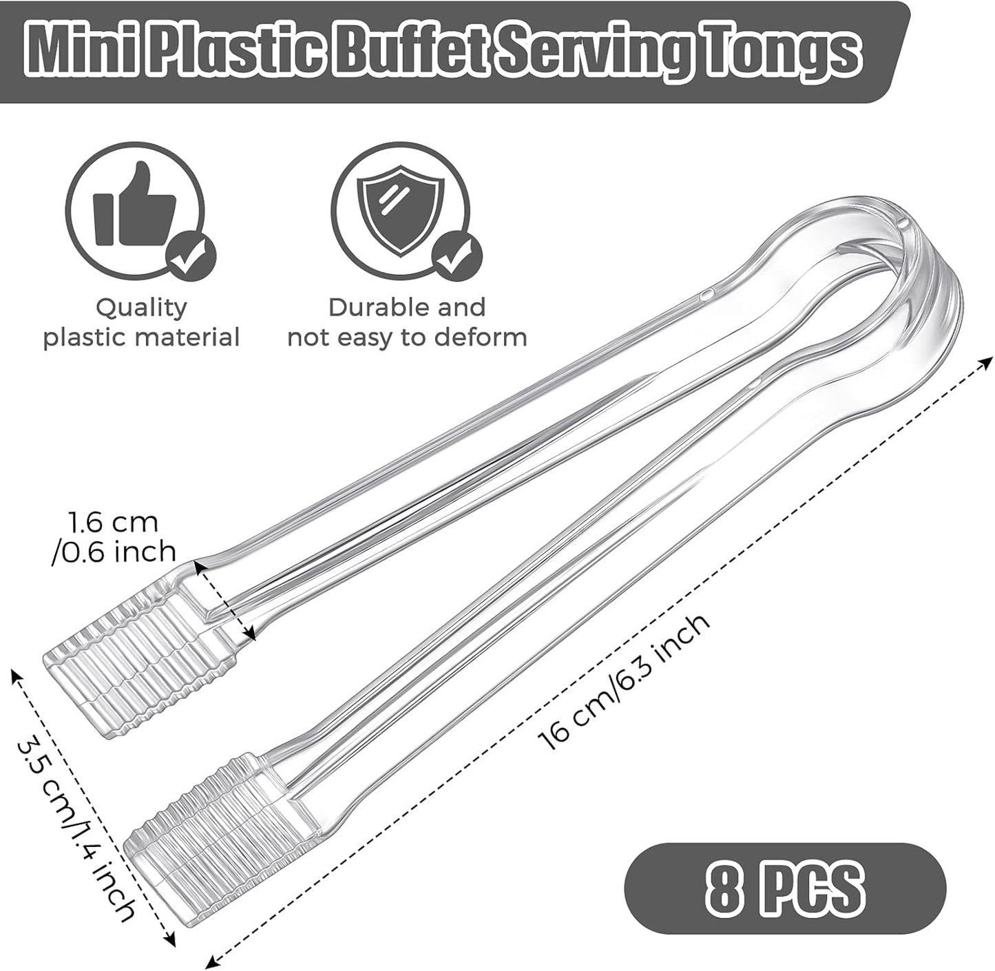 Didaey 8-Piece Plastic Tongs - Clear Mini Serving Utensils, 6.3 Inch Small Tongs for Food, Ice, Salad, Buffet, Weddings, Barbecue Party