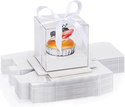 EUSOAR Individual Cupcake Holder, 50pcs 3.5 Inch Plastic Black Cupcake Containers with Lids, Single Transparent Display Clear Cupcake Carrier with Ribbon and Inserts for Wedding Party Favor