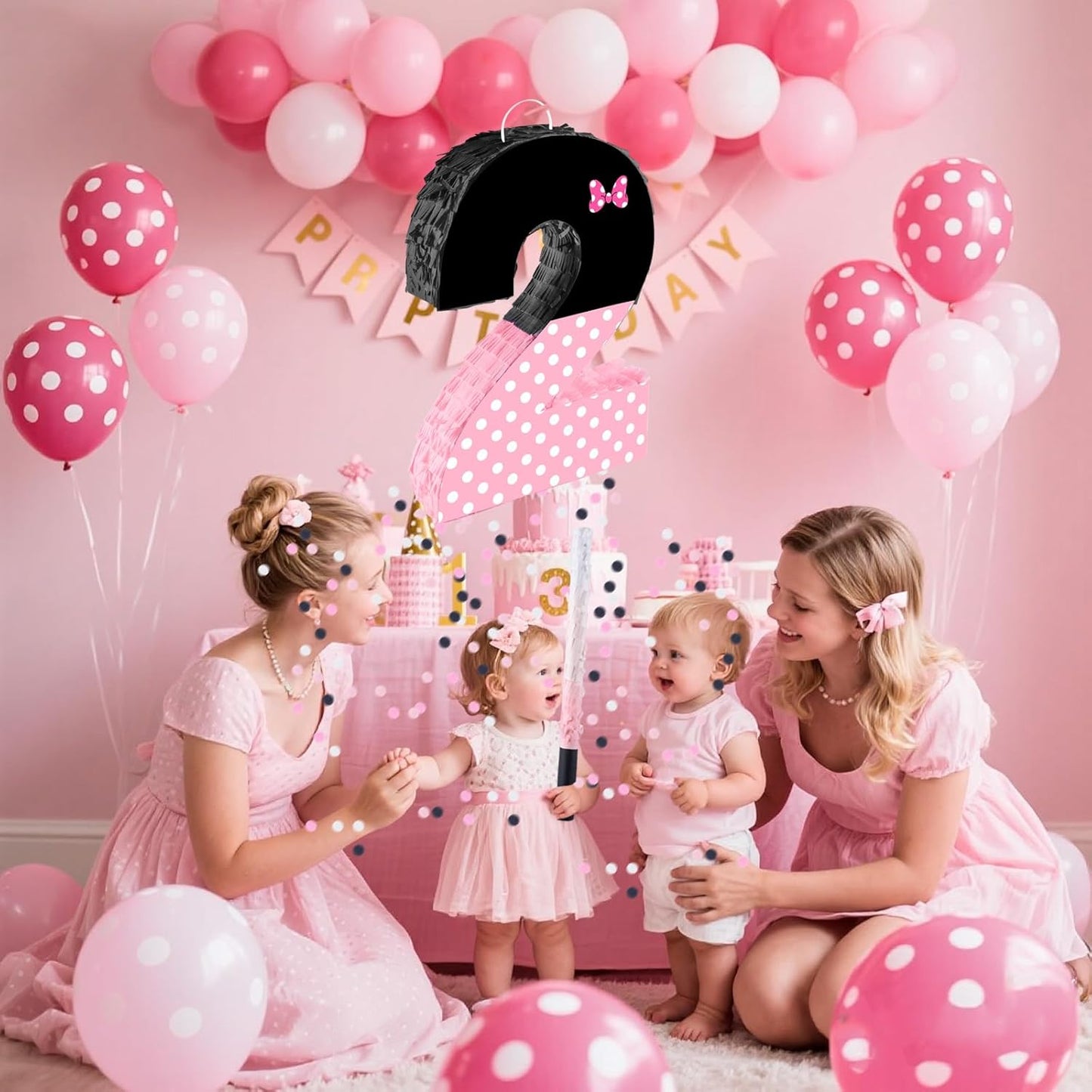 15.7 x 11.5 x 3 Inch Pink Bow Number 2 Pinata,Pink Bow Birthday Decorations, Fillable Hanging Piñata with Stick Blindfold Confetti for Girls Boys 2nd Anniversary Party Decorations