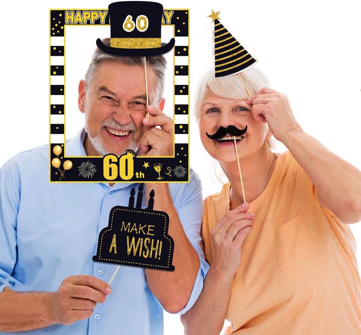 32pcs 60th Birthday Photo Booth Props for Men Women, 60 Birthday Selfie Props Kit, Classic Black Gold Happy 60th Birthday Party Supplies, Cheers to 60 Years Old Bday Decor