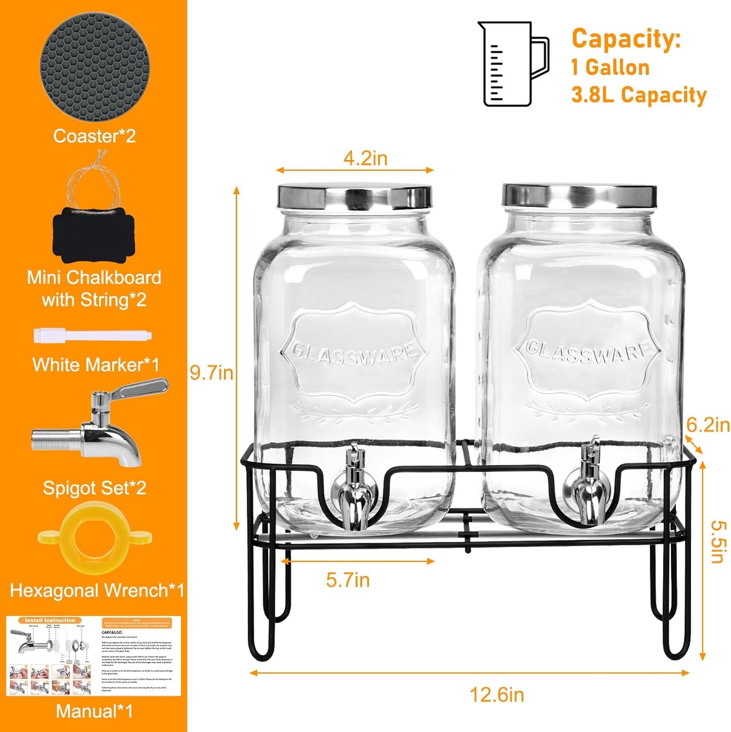 Bululuo Glass Drinks Dispenser for Parties, 2 PACK 1 Gallon Beverage Dispenser with Stand for Juice and Iced Tea, Water Jug Dispenser for Lemonade, Party Essential Beverage Pitcher with Spout