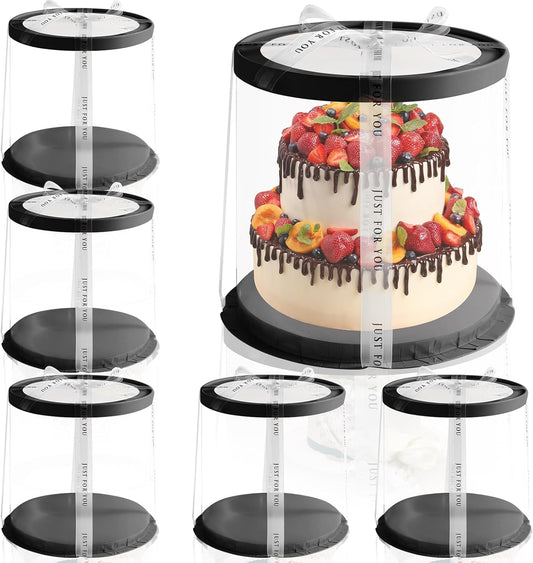 JCD Pink Multi-Layer 10 * 10 Inch Round Clear Cake Boxs with Ribbon,6 Pack Tall Transparent Packaging Cake Containers PET Cake Carrier Box for Birthday (Pink, Round 10inch/6pcs)