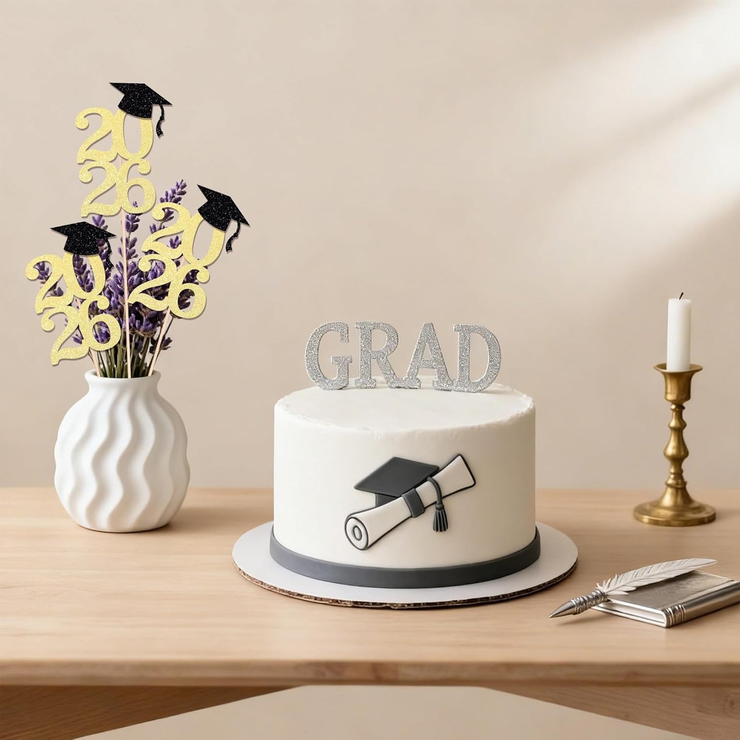 Class of 2026 Graduation Centerpieces, 10 Pcs Gold Glitter 2026 Centerpieces with Graduation Cap, Congrats Grad Party Decorations for Cake, Dessert & Centerpieces