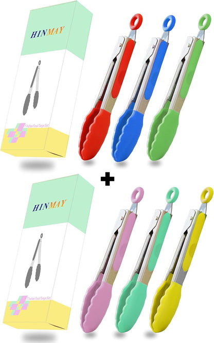 HINMAY Small Silicone Tongs 7-Inch Mini Serving Tongs, Set of 3 (Black Gray White)