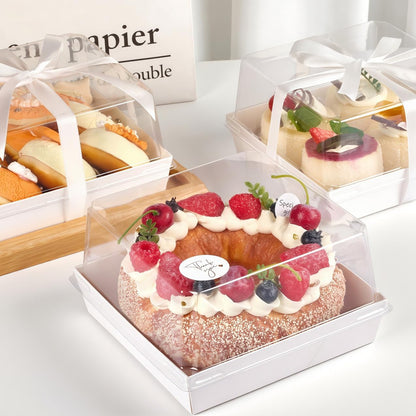 Ocmoiy 7x7x4 Inches White Paper Cake Boxes with Clear Lids for 6 Inch Cakes, 20 Pack Square Disposable Cake Bakery Take Out Containers, To Go Dessert Boxes