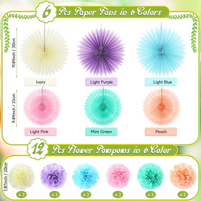 Kosiz 18 Pcs Pastel Rainbow Party Decorations Pastel Paper Fans 3D Floral Tissue Pom Poms Pink Hanging Paper Flowers Garland Classroom Home Wall Decor Birthday Baby Shower Bridal Wedding Supplies