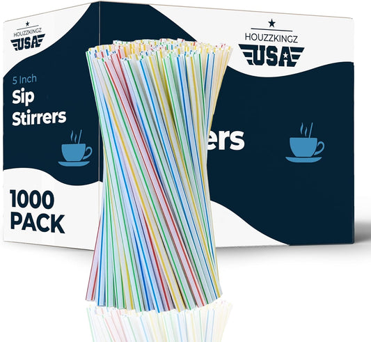 1000 Coffee Stirrers Stir Sticks - 5" Cocktail Straws Drink Stirrer - Striped Assorted Colors Swizzle Barware Whiskey Short Plastic Disposable Stirring Straw, Cocktails Coffee Bar Accessories Supplies
