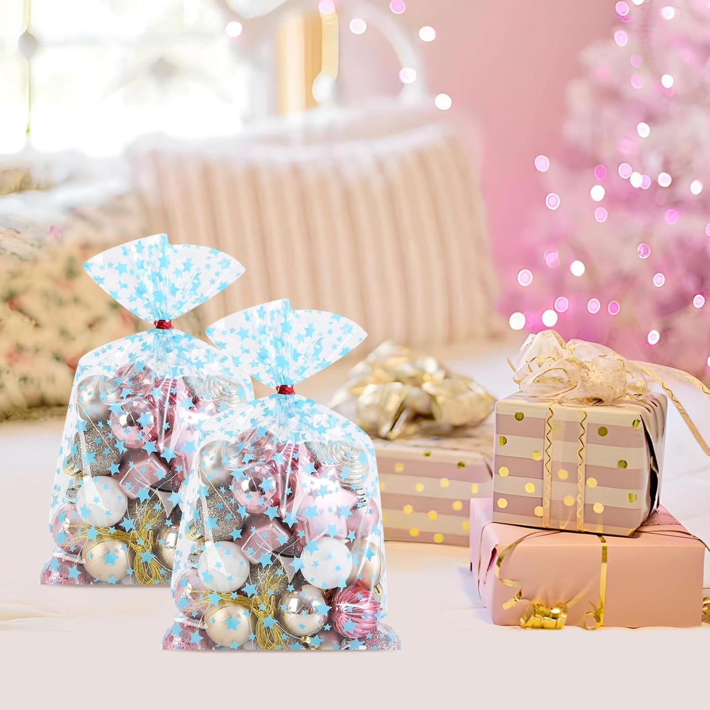 100 Pcs Star Printed 5"X 7" Gift Wrap Cello Cellophane Treat Bags Party Favor bags Clear Candy Cookie Bag Plastic Poly Goodie Storage Bag with Twist Ties for Bakery,Birthday, Wedding ,Party Decorations (Gold)