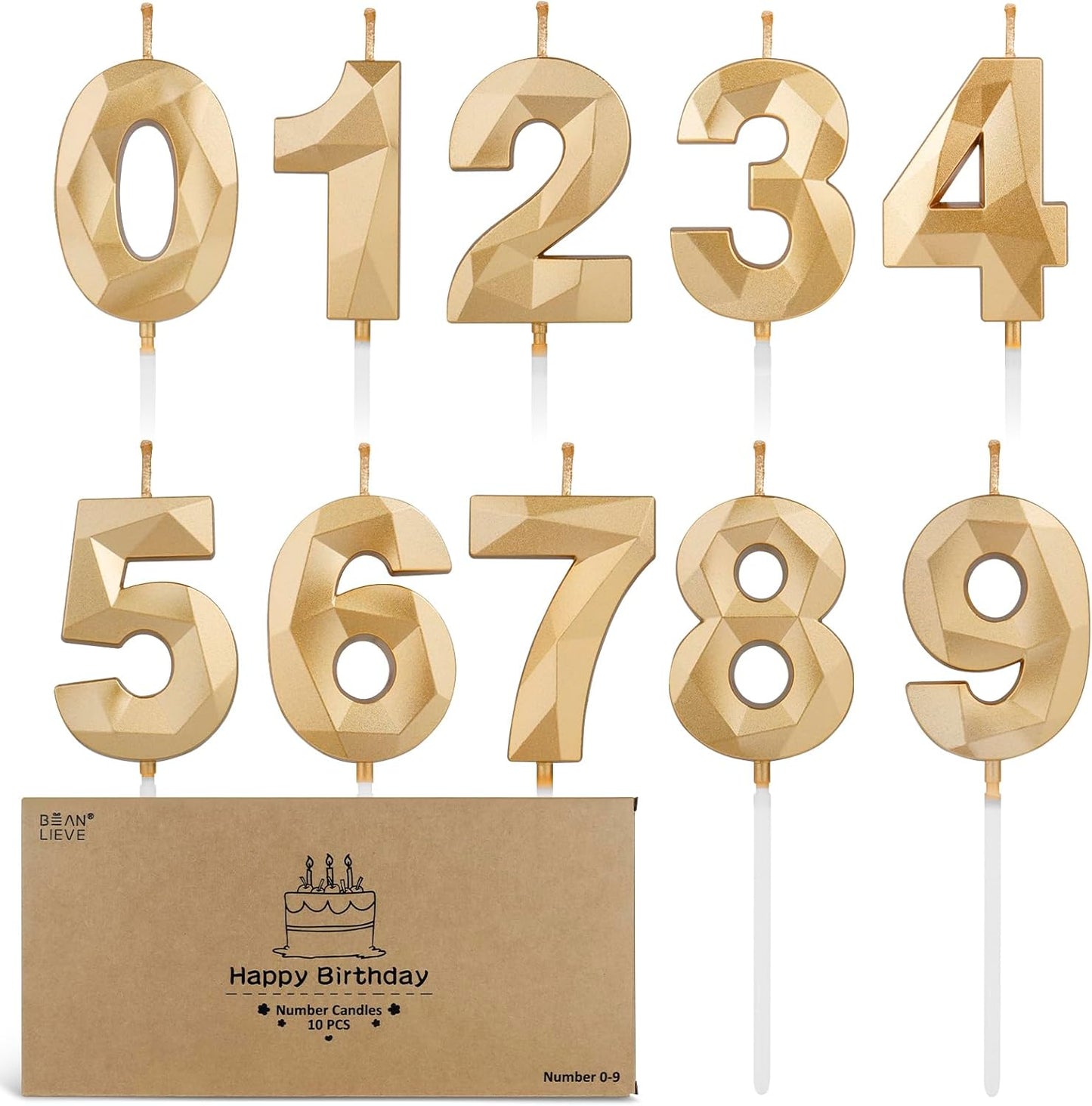 BEAN LIEVE Number Candles 0-9 Set - 10-Pack Diamond-Cut Birthday Candles, Cake Candles - Bulk Cake Decor for 1st-98th Birthdays, Photos, Parties - Kids Women Family Celebrations (Champagne Gold)