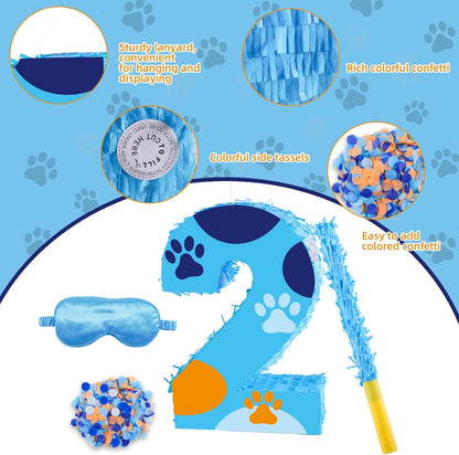 16 Inch Number 2 Dog Paw Pinata with 16 Inch Piñata Stick Blindfold Confetti for Boy Girl Kids 2nd Birthday Party Decorations (2nd)