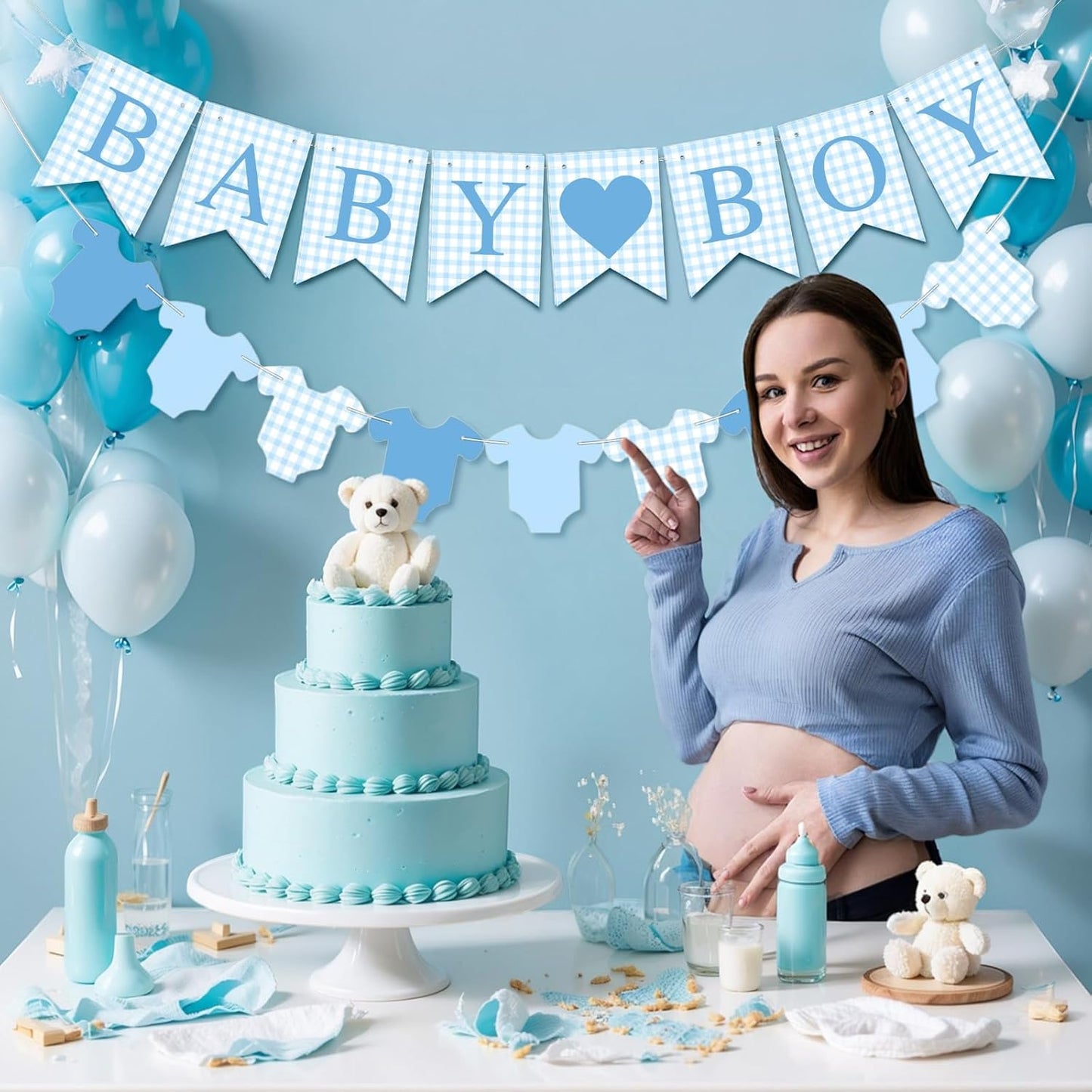 Hahafelt 1 Pcs Blue Gingham Welcome Baby Boy Banner for Baby Shower Party Decorations Pre Strung Gender Reveal Paper Banner for Table, Wall, Mantel Display Party Decor Supplies