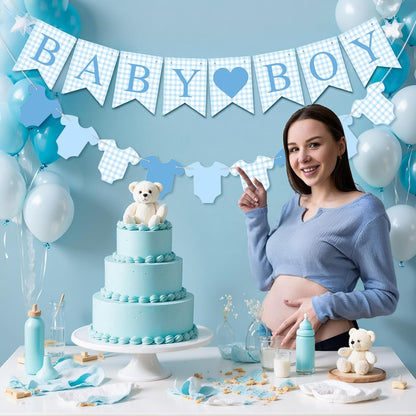 Hahafelt 1 Pcs Blue Gingham Welcome Baby Boy Banner for Baby Shower Party Decorations Pre Strung Gender Reveal Paper Banner for Table, Wall, Mantel Display Party Decor Supplies