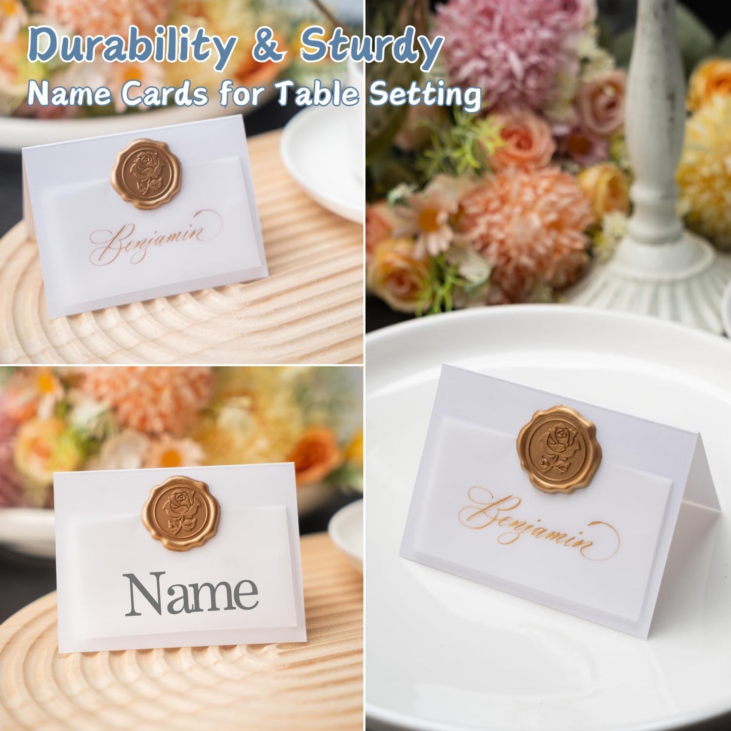 25 Pack Name Cards for Table Setting, Printable Place Cards with Antique Gold Rose Wax Seal Sticker for Wedding, Table Tent Card Stock Decor for Party, Dinner, Home(Pearlized Champagne Gold)