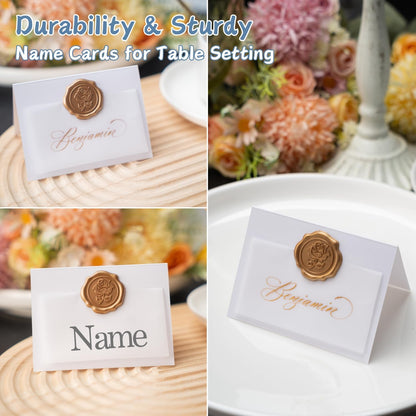 25 Pack Name Cards for Table Setting, Printable Place Cards with Antique Gold Rose Wax Seal Sticker for Wedding, Table Tent Card Stock Decor for Party, Dinner, Home(Pearlized Champagne Gold)