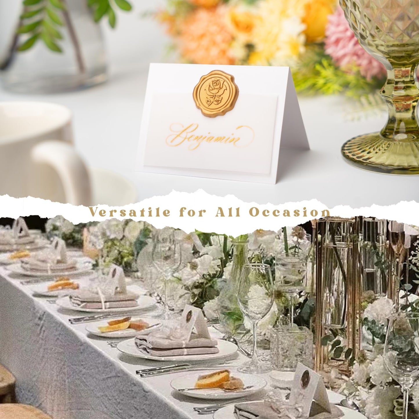25 Pack Name Cards for Table Setting, Printable Place Cards with Antique Gold Rose Wax Seal Sticker for Wedding, Table Tent Card Stock Decor for Party, Dinner, Home(Pearlized Champagne Gold)