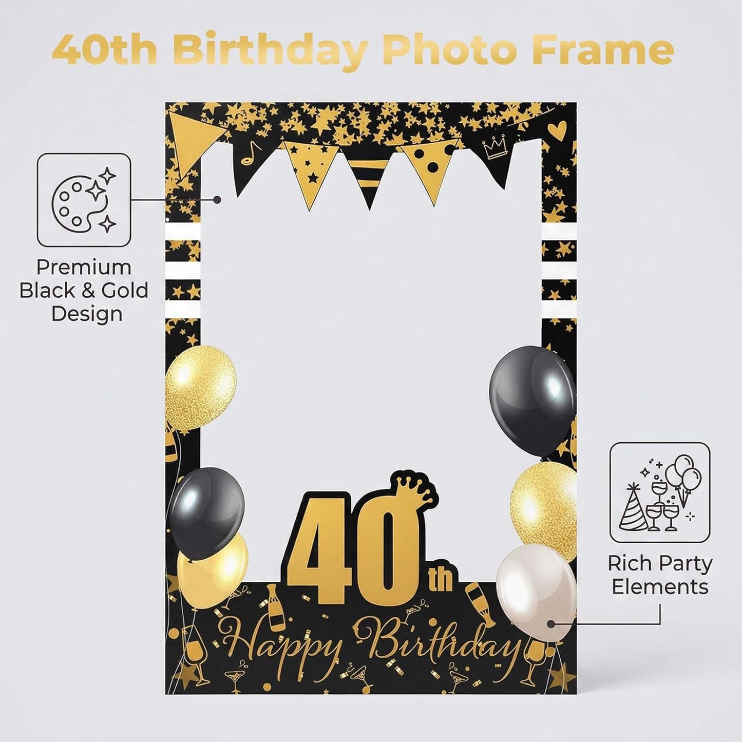 Gift for Mom Friend Wife 40 Years Celebration-40th Birthday Party Photo Frame Props, Black Gold Glitter Paper Selfie Booth Prop for Women Men, Elegant Picture Frames Backdrop Cardboard Decoration