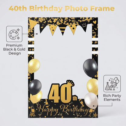 Gift for Mom Friend Wife 40 Years Celebration-40th Birthday Party Photo Frame Props, Black Gold Glitter Paper Selfie Booth Prop for Women Men, Elegant Picture Frames Backdrop Cardboard Decoration