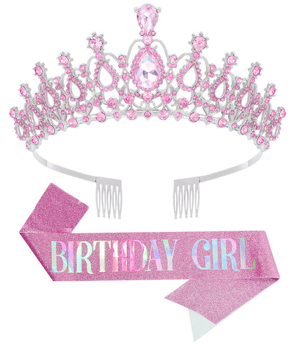 Birthday Tiara Crown with Sash for Women, Headband Hair Accessories for Wedding Party Costume